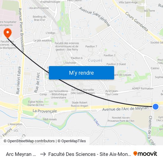 Arc Meyran Zola to Faculté Des Sciences - Site Aix-Montperrin map