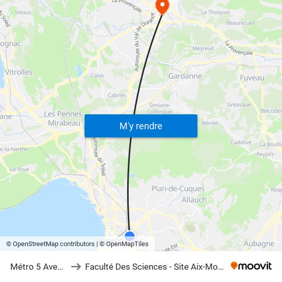 Métro 5 Avenues to Faculté Des Sciences - Site Aix-Montperrin map