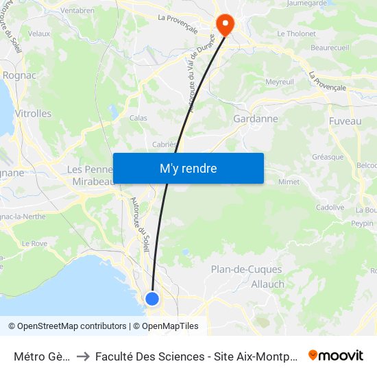 Métro Gèze to Faculté Des Sciences - Site Aix-Montperrin map