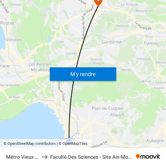 Métro Vieux Port to Faculté Des Sciences - Site Aix-Montperrin map