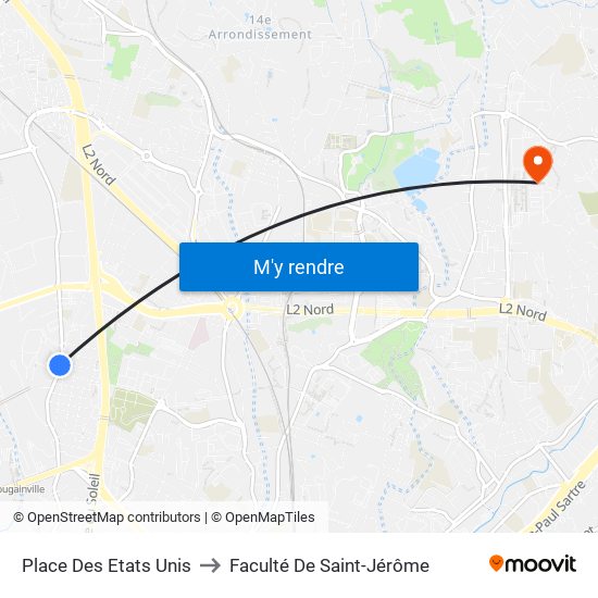 Place Des Etats Unis to Faculté De Saint-Jérôme map