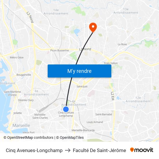 Cinq Avenues-Longchamp to Faculté De Saint-Jérôme map