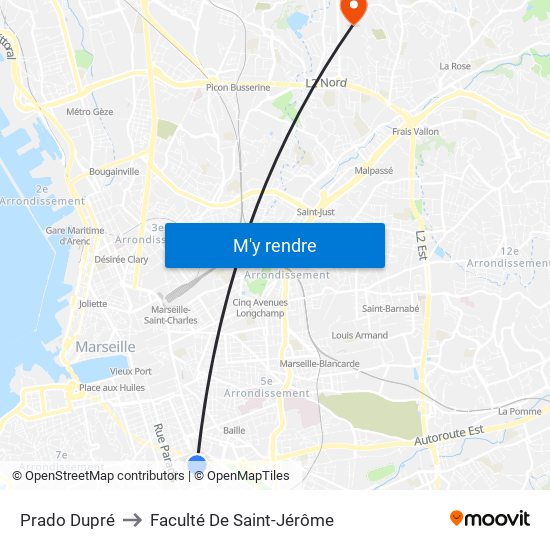 Prado Dupré to Faculté De Saint-Jérôme map