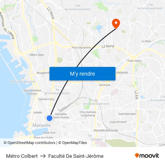 Métro Colbert to Faculté De Saint-Jérôme map