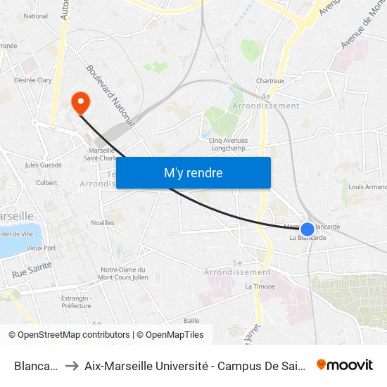 Blancarde to Aix-Marseille Université - Campus De Saint-Charles map