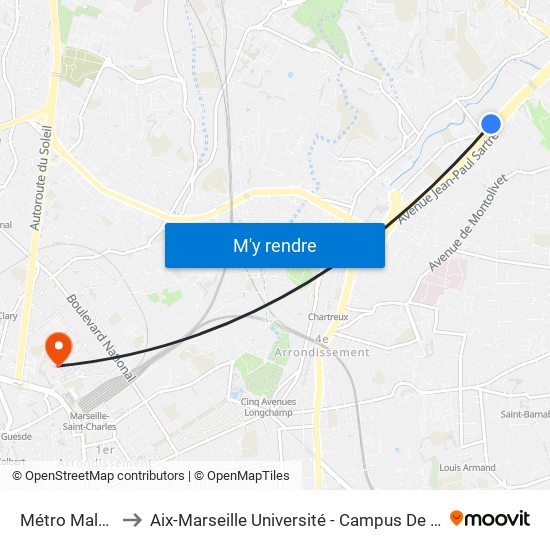 Métro Malpassé to Aix-Marseille Université - Campus De Saint-Charles map