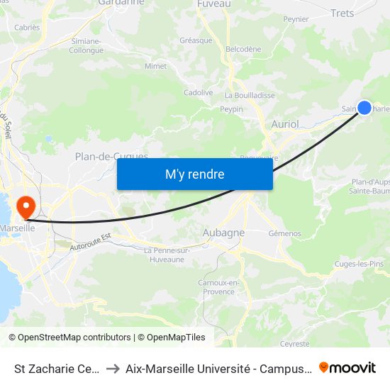 St Zacharie Centre Ville to Aix-Marseille Université - Campus De Saint-Charles map