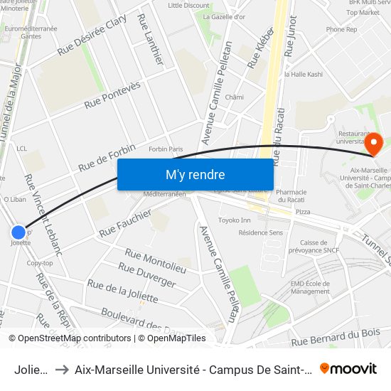 Joliette to Aix-Marseille Université - Campus De Saint-Charles map