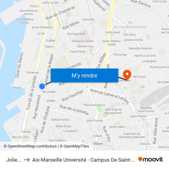 Joliette to Aix-Marseille Université - Campus De Saint-Charles map