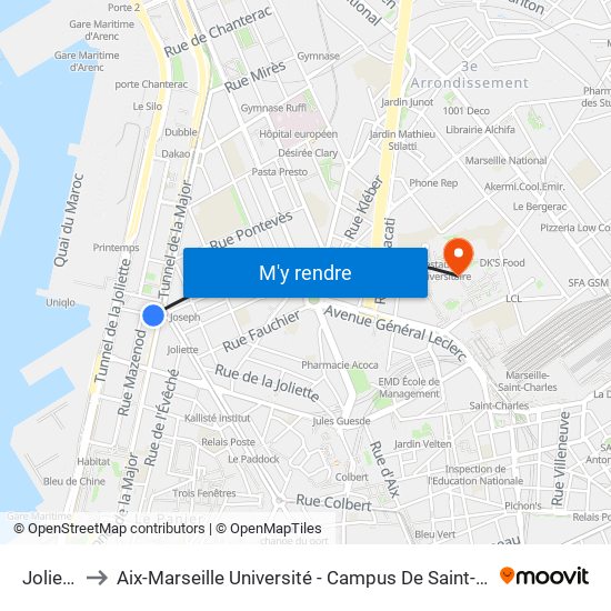 Joliette to Aix-Marseille Université - Campus De Saint-Charles map