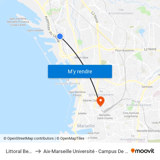 Littoral Bernabo to Aix-Marseille Université - Campus De Saint-Charles map