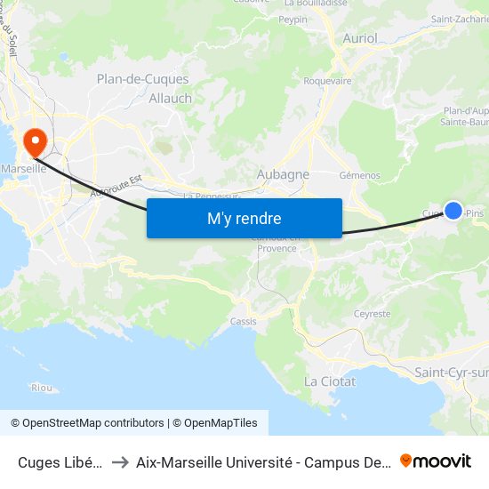 Cuges Libération to Aix-Marseille Université - Campus De Saint-Charles map