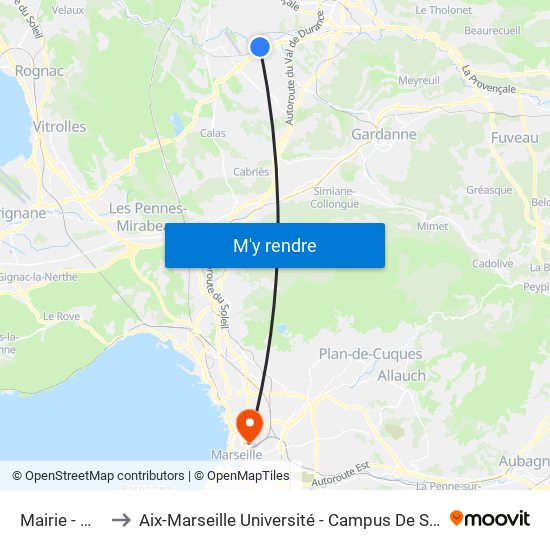 Mairie - Milles to Aix-Marseille Université - Campus De Saint-Charles map