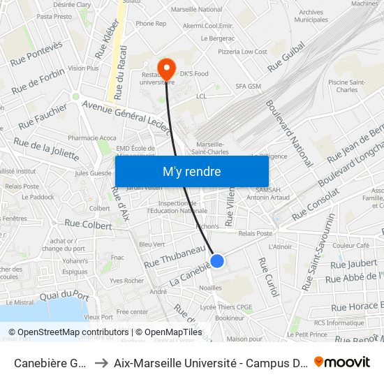 Canebière Garibaldi to Aix-Marseille Université - Campus De Saint-Charles map