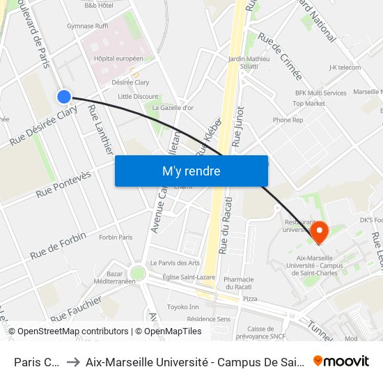 Paris Clary to Aix-Marseille Université - Campus De Saint-Charles map