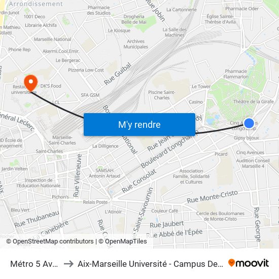 Métro 5 Avenues to Aix-Marseille Université - Campus De Saint-Charles map