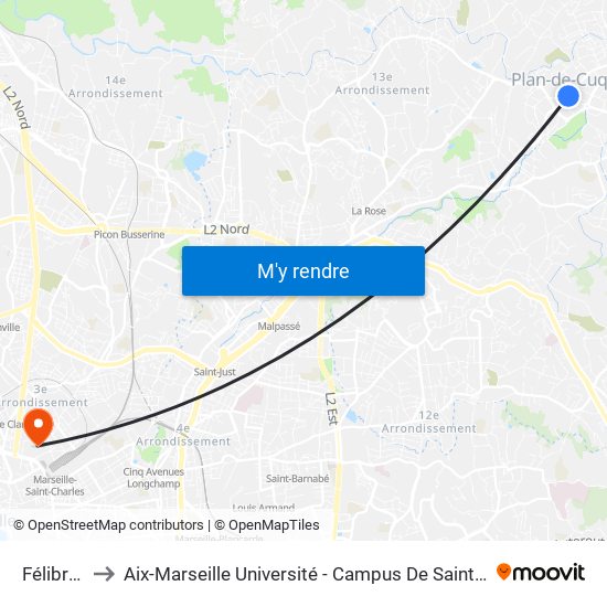 Félibrige to Aix-Marseille Université - Campus De Saint-Charles map