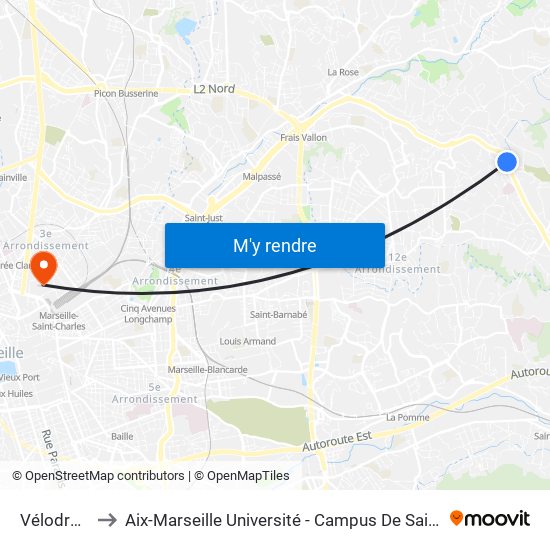 Vélodrome to Aix-Marseille Université - Campus De Saint-Charles map