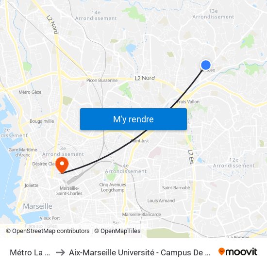 Métro La Rose to Aix-Marseille Université - Campus De Saint-Charles map