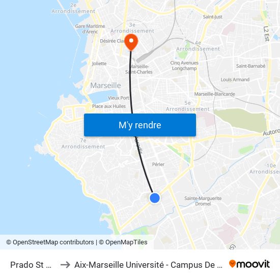 Prado St Giniez to Aix-Marseille Université - Campus De Saint-Charles map
