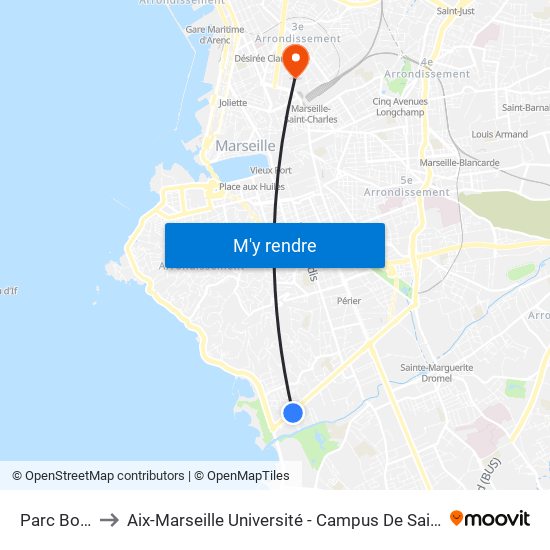 Parc Borély to Aix-Marseille Université - Campus De Saint-Charles map