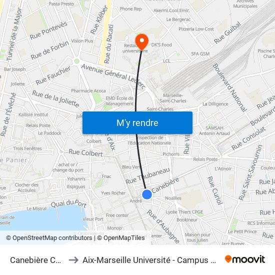 Canebière Capucins to Aix-Marseille Université - Campus De Saint-Charles map