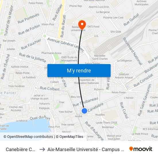 Canebière Capucins to Aix-Marseille Université - Campus De Saint-Charles map