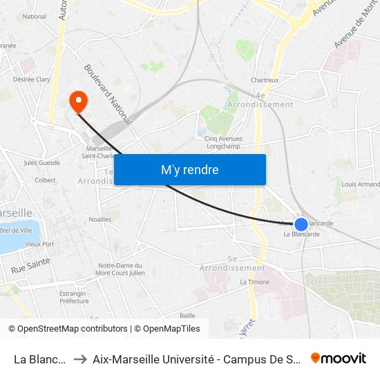 La Blancarde to Aix-Marseille Université - Campus De Saint-Charles map