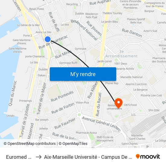 Euromed Arenc to Aix-Marseille Université - Campus De Saint-Charles map