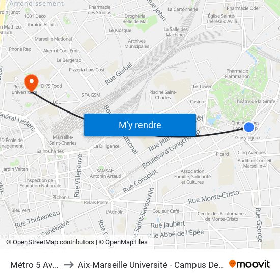 Métro 5 Avenues to Aix-Marseille Université - Campus De Saint-Charles map