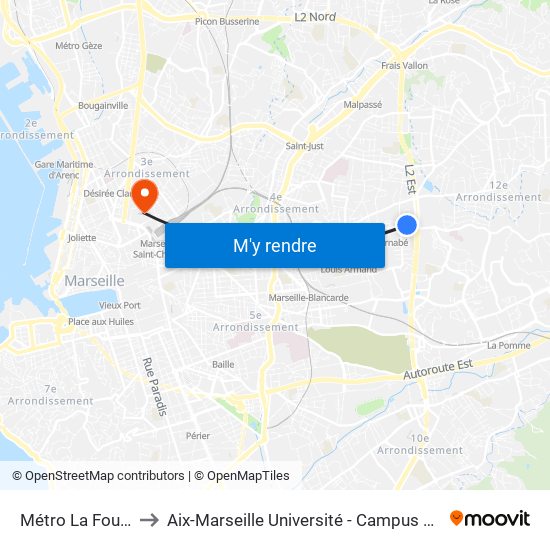 Métro La Fourragère to Aix-Marseille Université - Campus De Saint-Charles map