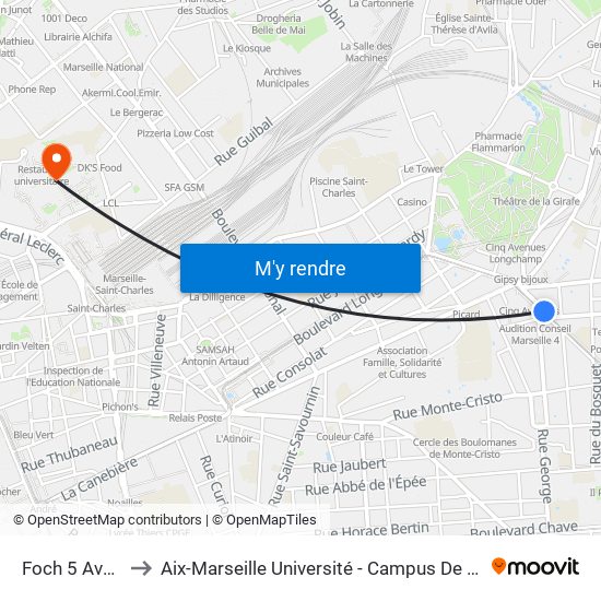 Foch 5 Avenues to Aix-Marseille Université - Campus De Saint-Charles map