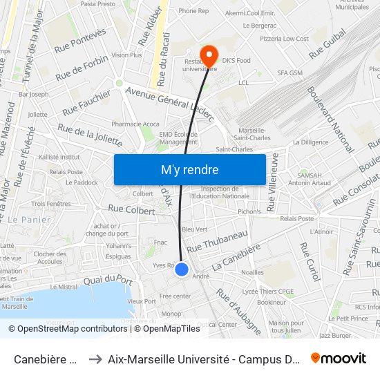 Canebière Bourse to Aix-Marseille Université - Campus De Saint-Charles map