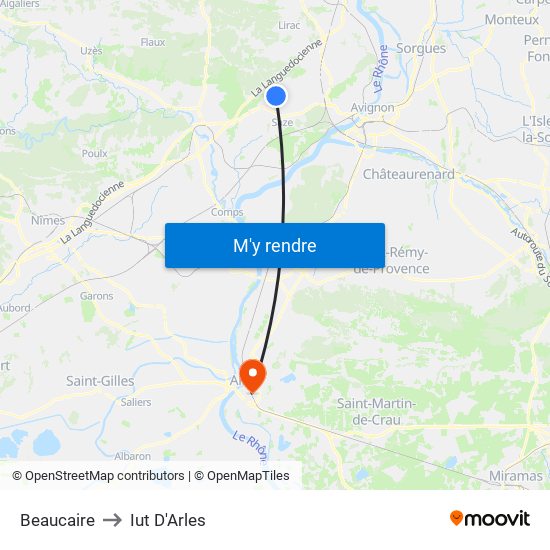 Beaucaire to Iut D'Arles map