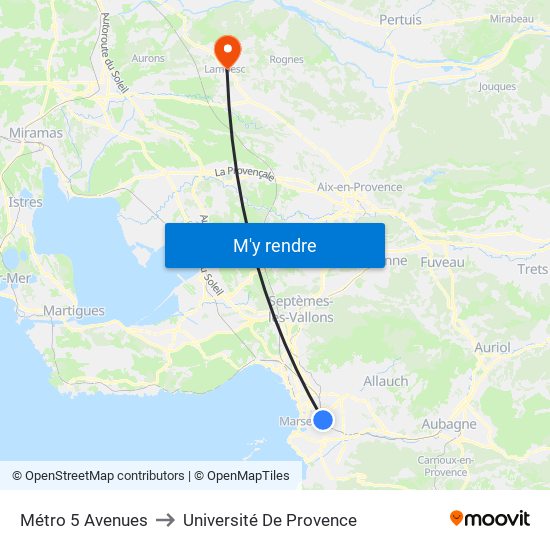 Métro 5 Avenues to Université De Provence map