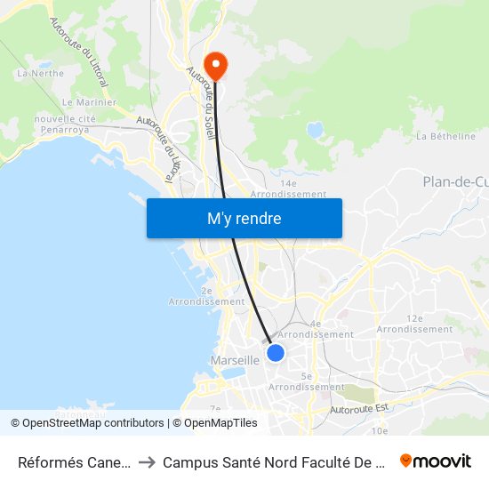 Réformés Canebière to Campus Santé Nord Faculté De Médecine map