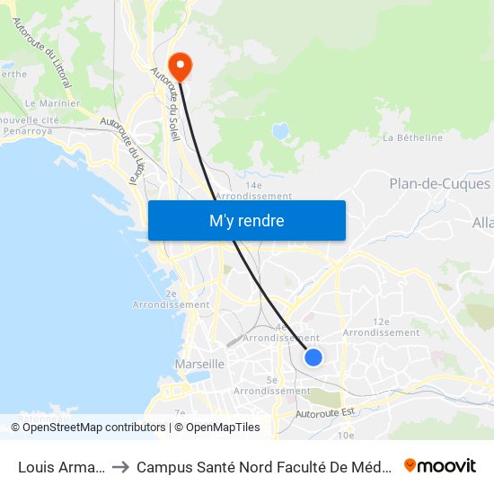 Louis Armand to Campus Santé Nord Faculté De Médecine map