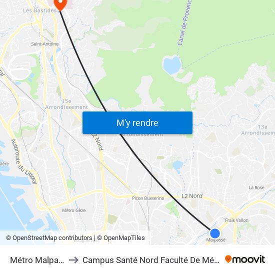 Métro Malpassé to Campus Santé Nord Faculté De Médecine map