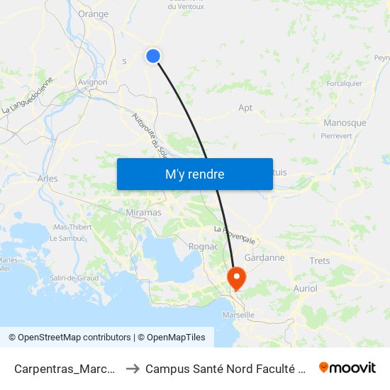 Carpentras_Marche Gare1 to Campus Santé Nord Faculté De Médecine map