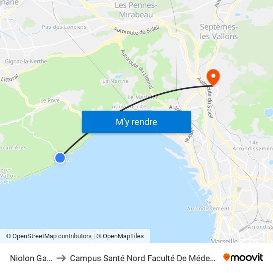 Niolon Gare to Campus Santé Nord Faculté De Médecine map