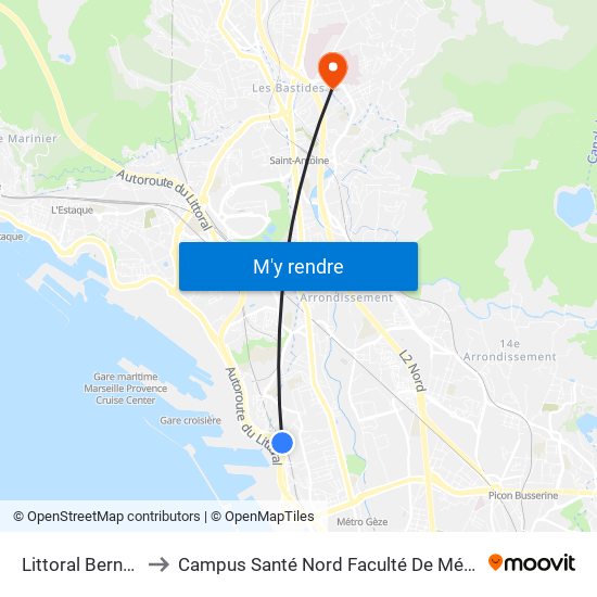 Littoral Bernabo to Campus Santé Nord Faculté De Médecine map