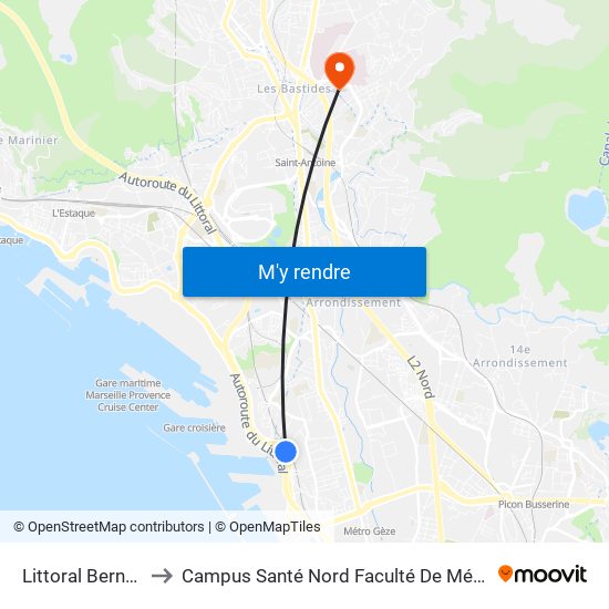 Littoral Bernabo to Campus Santé Nord Faculté De Médecine map