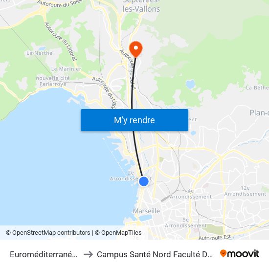Euroméditerranée Arenc to Campus Santé Nord Faculté De Médecine map