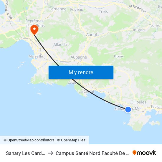 Sanary Les Cardalines to Campus Santé Nord Faculté De Médecine map