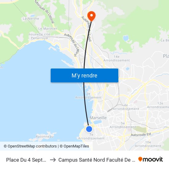 Place Du 4 Septembre to Campus Santé Nord Faculté De Médecine map