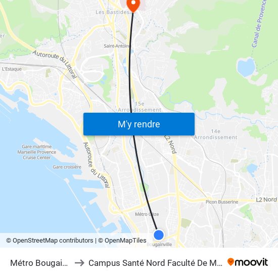 Métro Bougainville to Campus Santé Nord Faculté De Médecine map