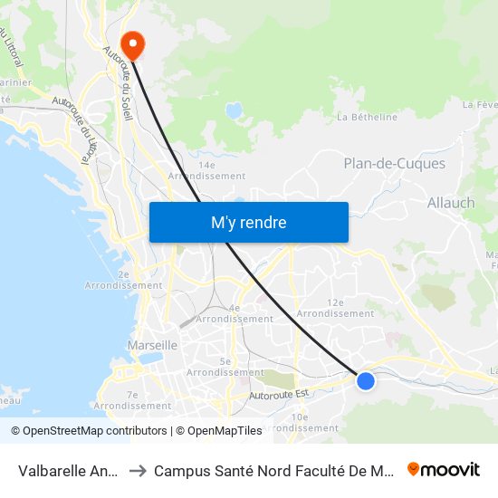 Valbarelle Andreu to Campus Santé Nord Faculté De Médecine map