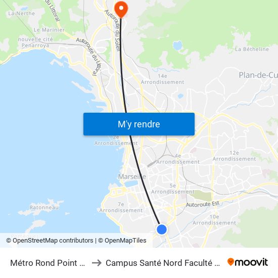 Métro Rond Point Du Prado to Campus Santé Nord Faculté De Médecine map