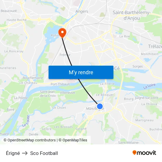 Érigné to Sco Football map