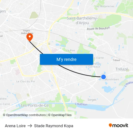 Arena Loire to Stade Raymond Kopa map